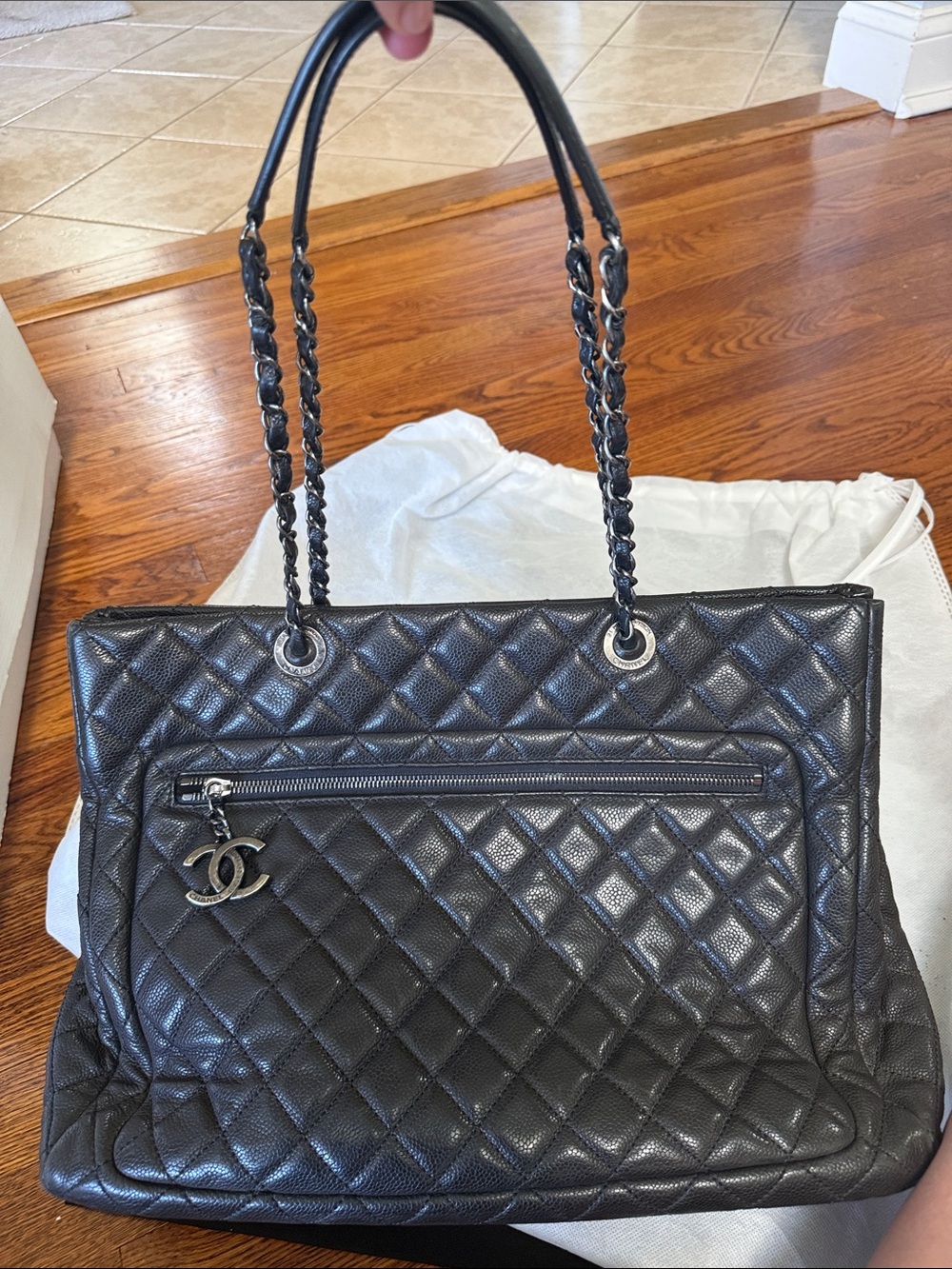 CHANEL Black Quilted Leather Shoulder Tote with CC Charm